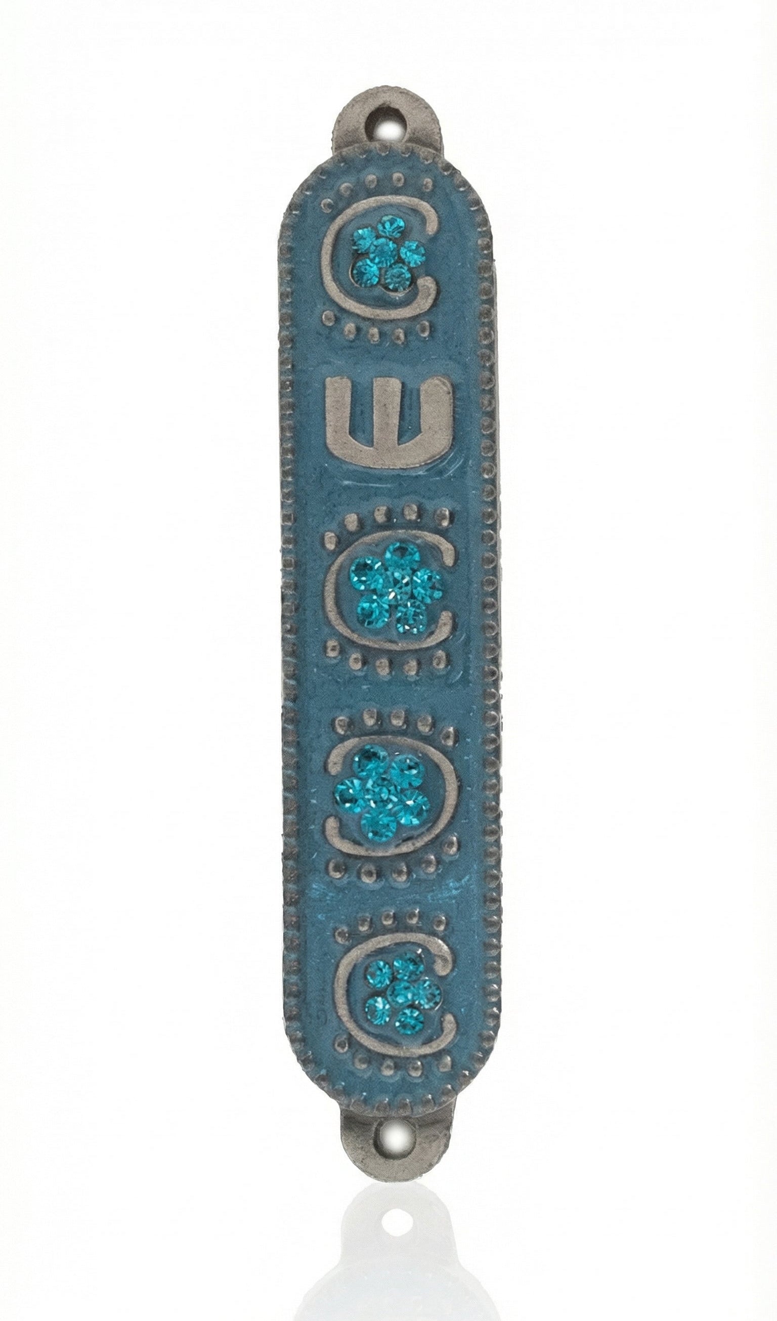 Upscale image of a 4-inch tall Blue Sky Mezuzah with detailed engraving and Hebrew letters on a bright white background with soft reflection.