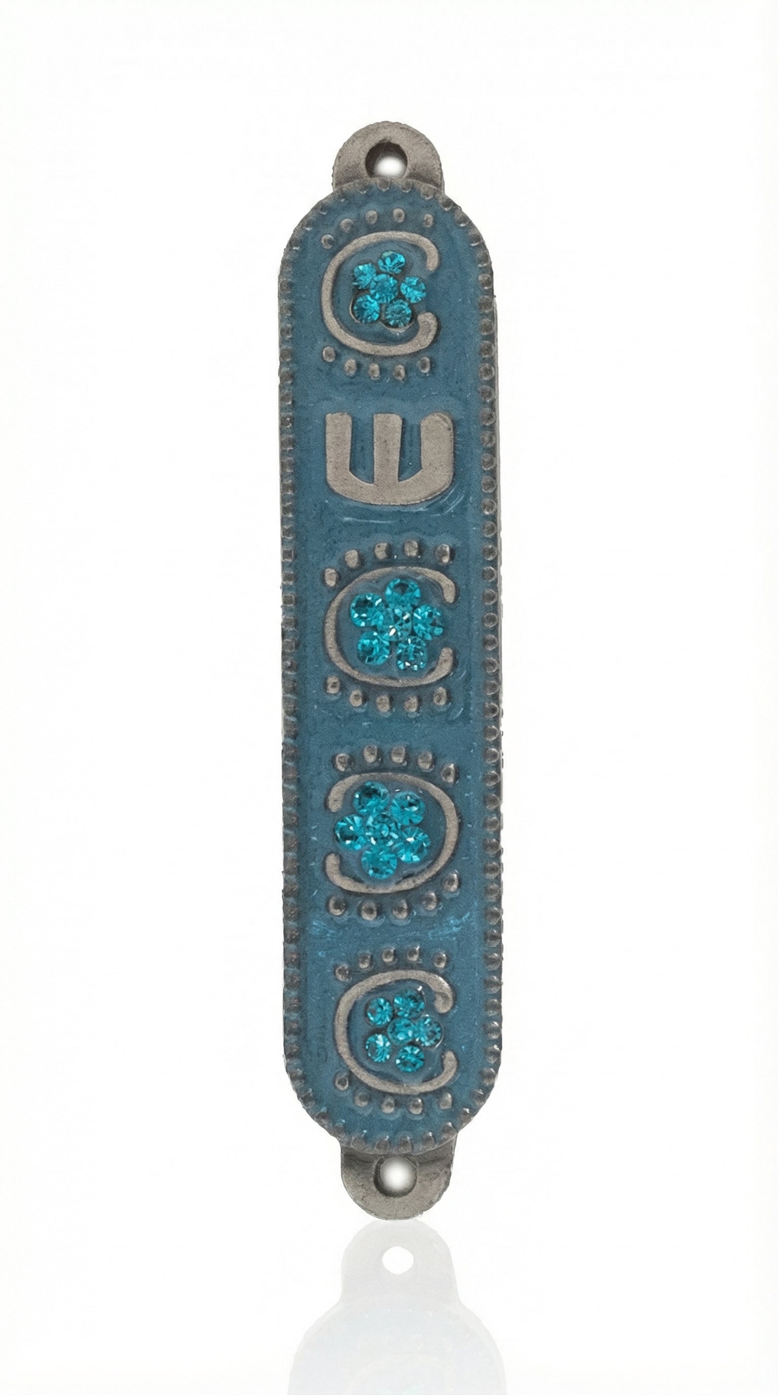 Upscale image of a 4-inch tall Blue Sky Mezuzah with detailed engraving and Hebrew letters on a bright white background with soft reflection.