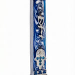 Blue Stars Pewter Mezuzah measuring 4 inches tall with detailed Hebrew engravings and decorative motifs, presented on a white studio background with subtle reflection.