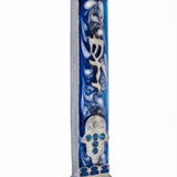 Blue Stars Pewter Mezuzah measuring 4 inches tall with detailed Hebrew engravings and decorative motifs, presented on a white studio background with subtle reflection.