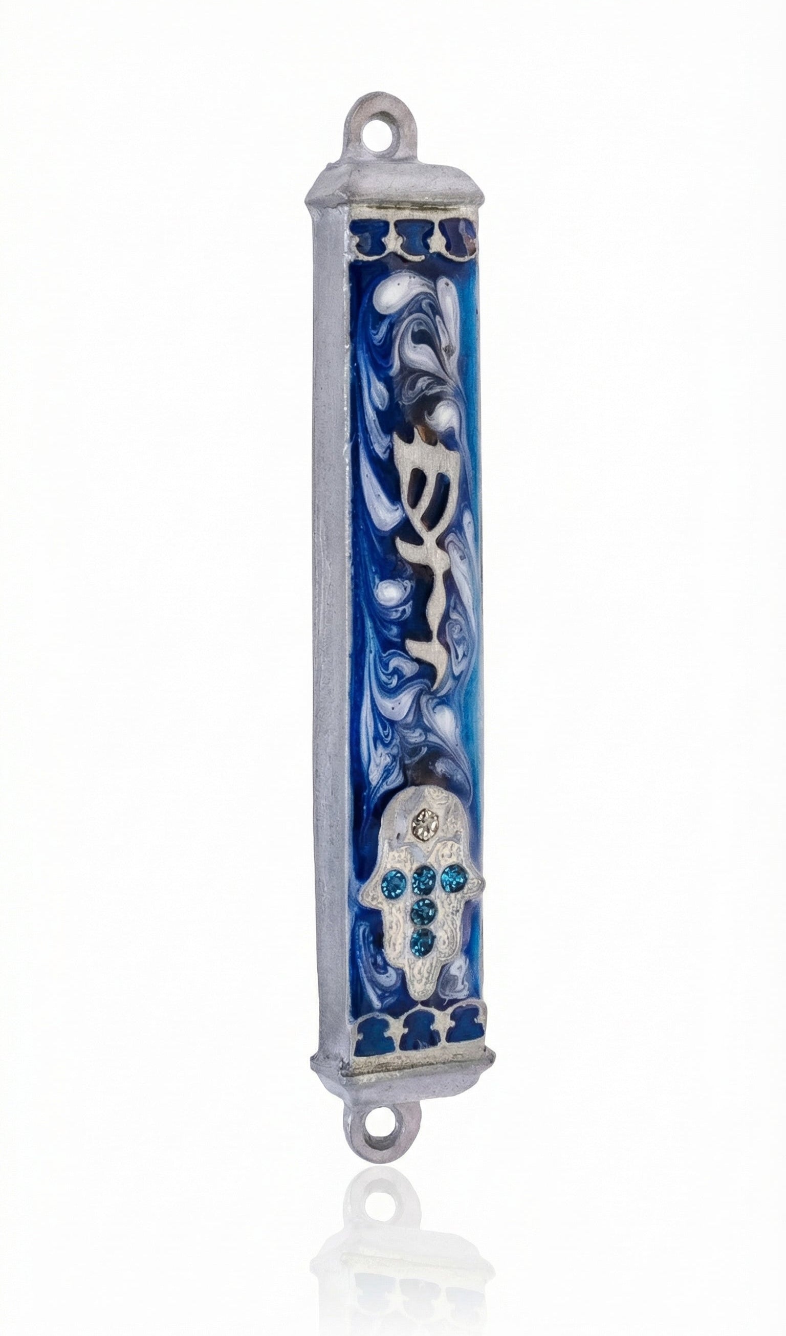Blue Stars Pewter Mezuzah measuring 4 inches tall with detailed Hebrew engravings and decorative motifs, presented on a white studio background with subtle reflection.