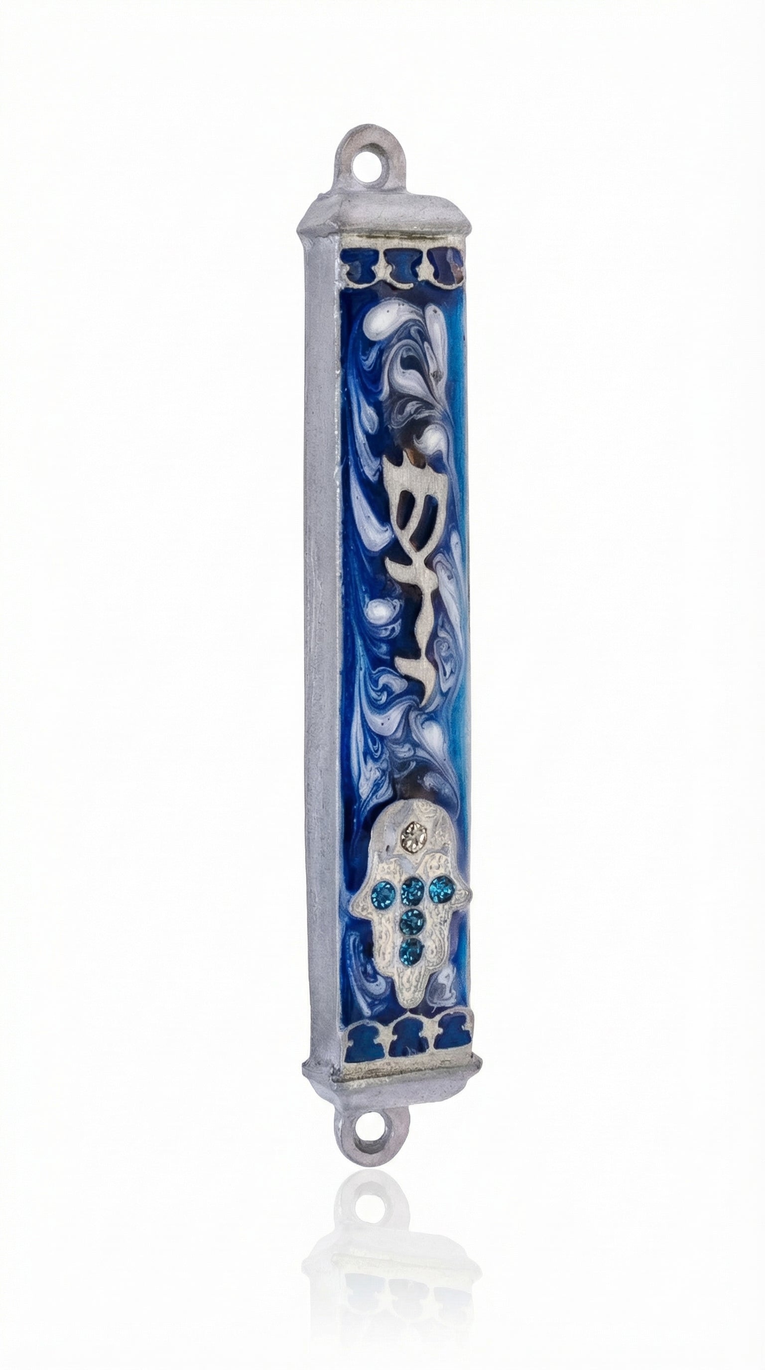 Blue Stars Pewter Mezuzah measuring 4 inches tall with detailed Hebrew engravings and decorative motifs, presented on a white studio background with subtle reflection.