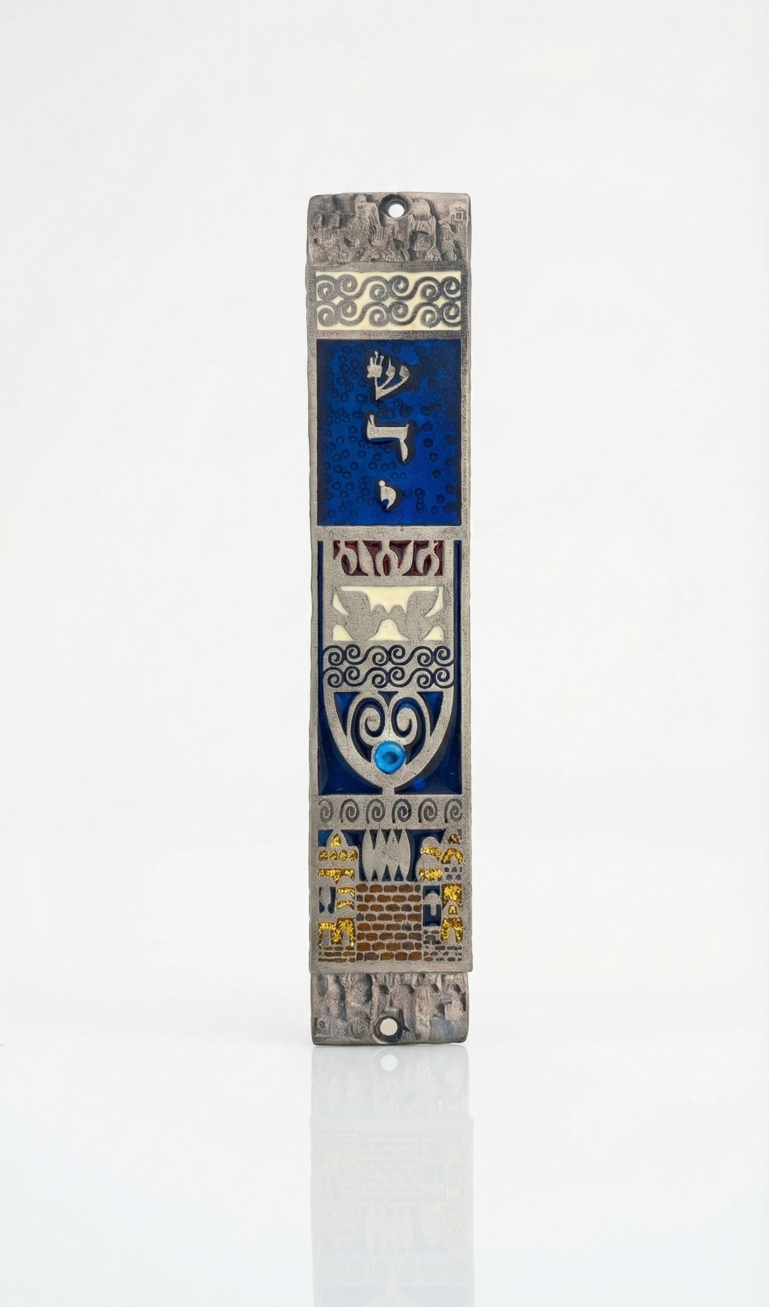 Elegant pewter mezuzah with hand-painted enamel blue stars, designed for home doorways, with detailed craftsmanship and Hebrew inscriptions.