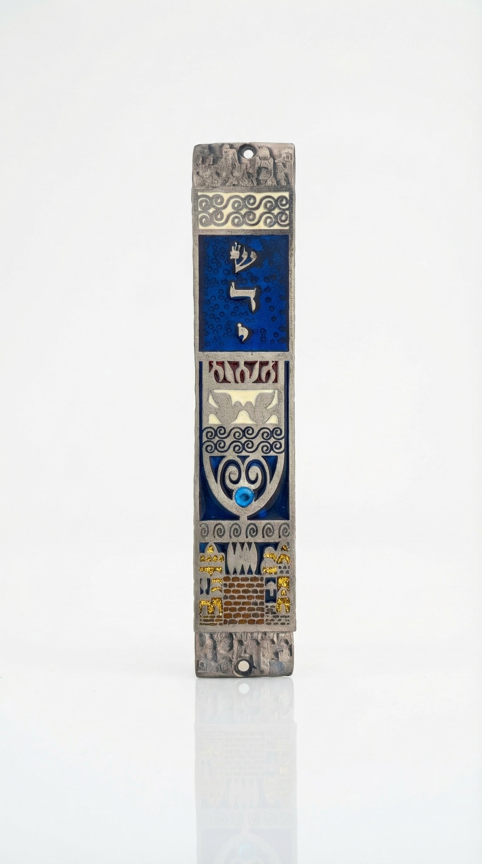 Elegant pewter mezuzah with hand-painted enamel blue stars, designed for home doorways, with detailed craftsmanship and Hebrew inscriptions.
