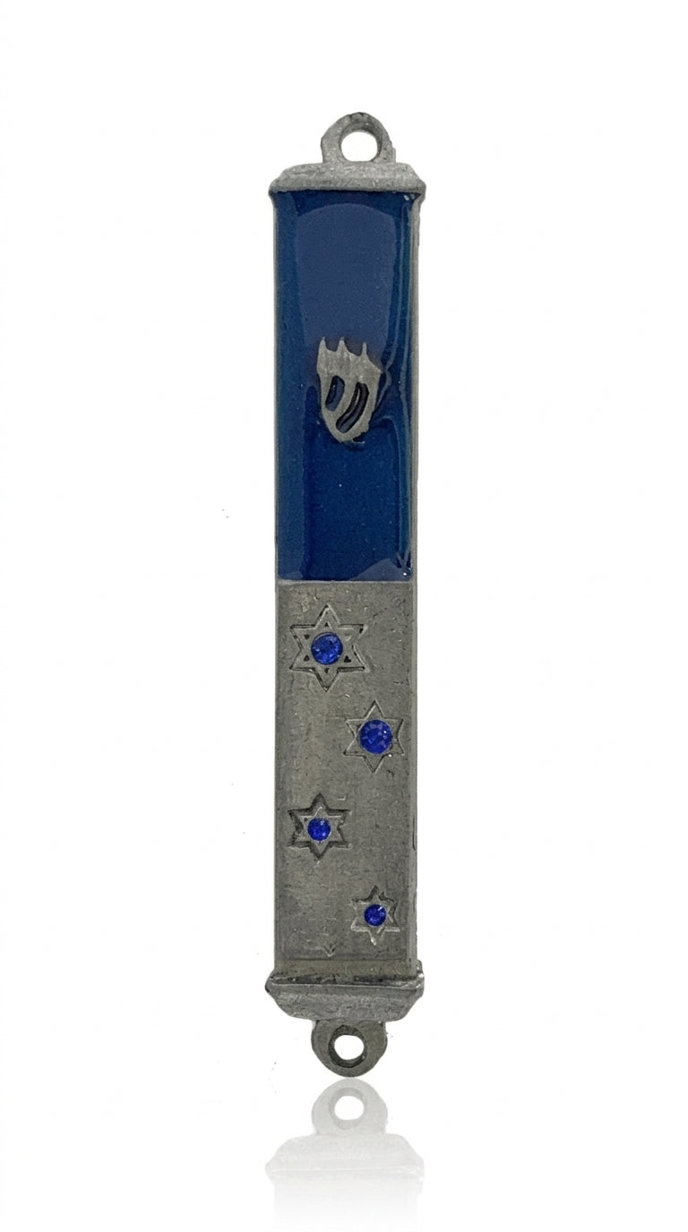 Bright sequined Star of David on the pewter mezuzah with a white background, showcasing its detailed design and religious significance.