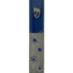 Bright sequined Star of David on the pewter mezuzah with a white background, showcasing its detailed design and religious significance.