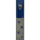 Bright sequined Star of David on the pewter mezuzah with a white background, showcasing its detailed design and religious significance.