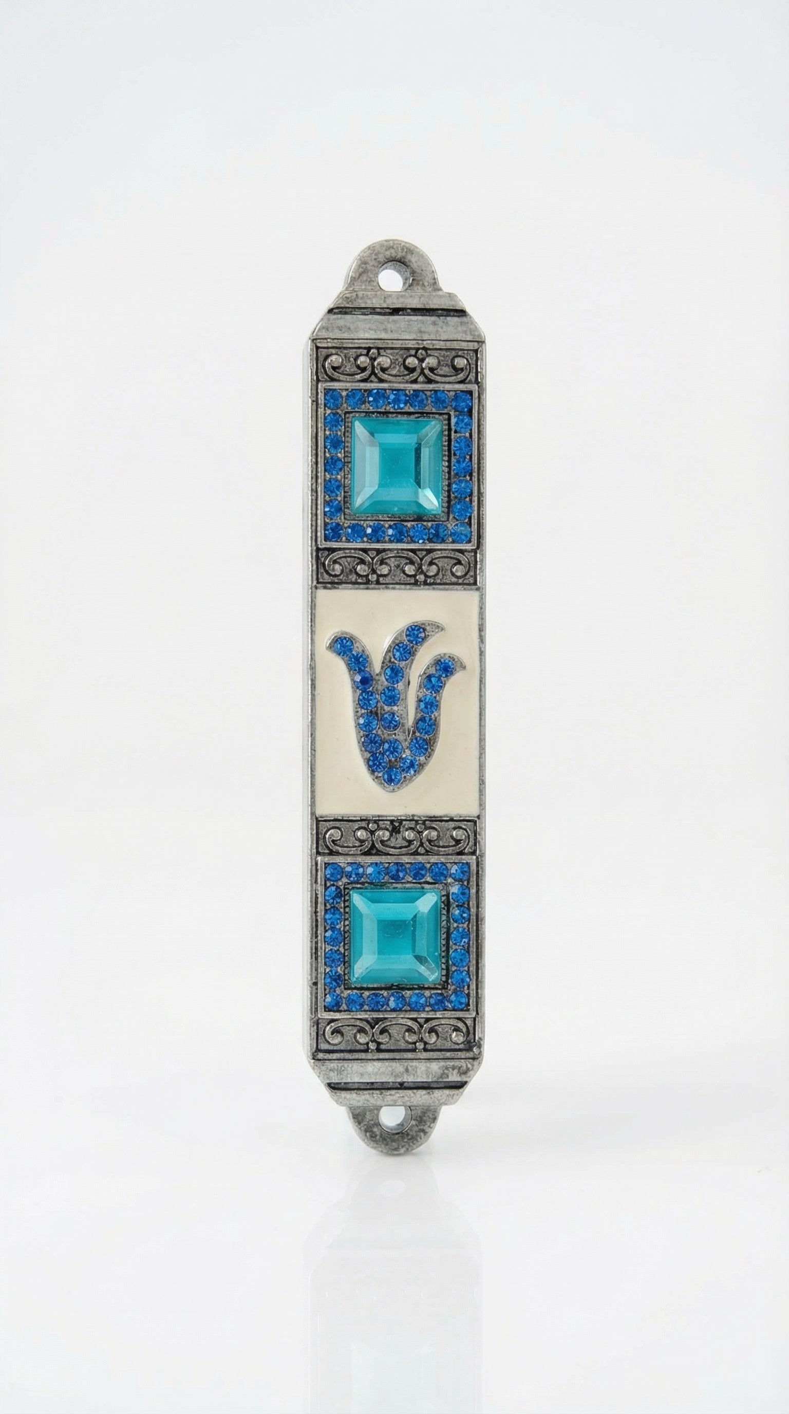 Petite blue stone mezuzah with Hebrew Shin letter and sparkling accents, made of pewter, designed for home doorposts with a polished white background.