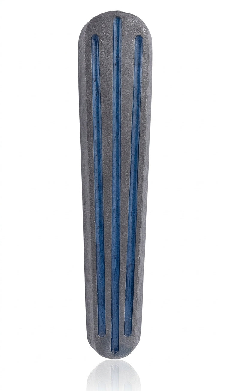 Blue and pewter mezuzah with hand-painted enamel, mounted on white studio background with soft reflection, existing in high detail.