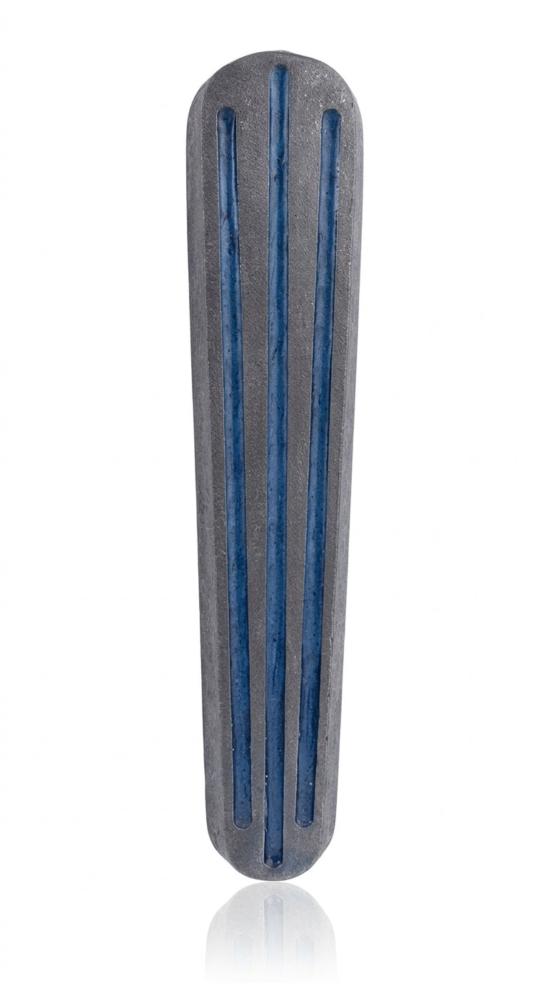 Blue and pewter mezuzah with hand-painted enamel, mounted on white studio background with soft reflection, existing in high detail.