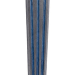 Blue and pewter mezuzah with hand-painted enamel, mounted on white studio background with soft reflection, existing in high detail.