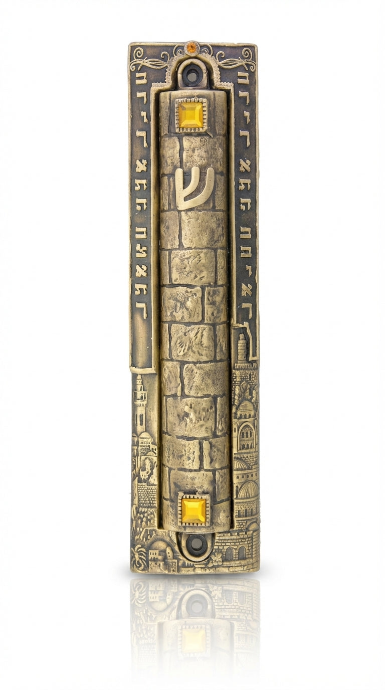 Large brass mezuzah featuring Jerusalem cityscape and decorative sunrise stones, perfect for front door, with detailed engravings and Hebrew text.