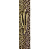 Elegant brass filigree mezuzah with intricate strands, measuring 5.3/8 inches tall, suitable for home doorways, with detailed engraved Hebrew letters.