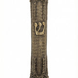 Elegant brass mezuzah with antique finish, 5.5 inches tall, featuring detailed Hebrew engravings and decorative motifs on a white studio background.