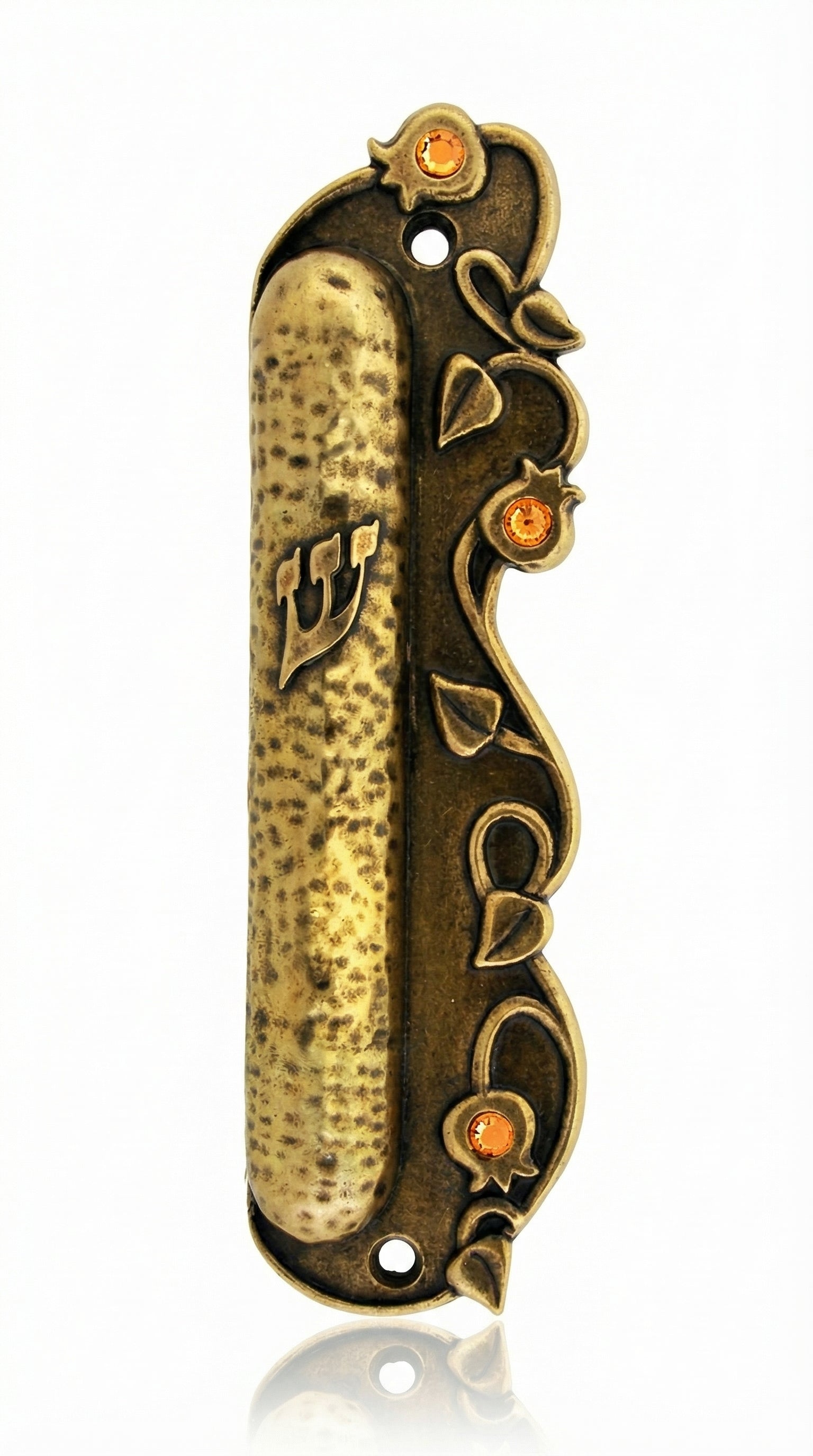Elegant brass mezuzah with detailed pomegranate motifs and shiny accent stones, crafted in Israel, measuring 5.25 inches tall.