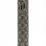High-resolution image of a Pewter Bricks Mezuzah, 5 inches tall, with detailed engraved Hebrew letters, decorative motifs, and a polished finish, on a pure white background with a subtle reflection.