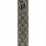High-resolution image of a Pewter Bricks Mezuzah, 5 inches tall, with detailed engraved Hebrew letters, decorative motifs, and a polished finish, on a pure white background with a subtle reflection.