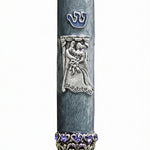Elegant bride and groom themed Mezuzah with detailed engravings and Hebrew lettering, designed for upscale home decor and blessing.