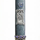 Elegant bride and groom themed Mezuzah with detailed engravings and Hebrew lettering, designed for upscale home decor and blessing.