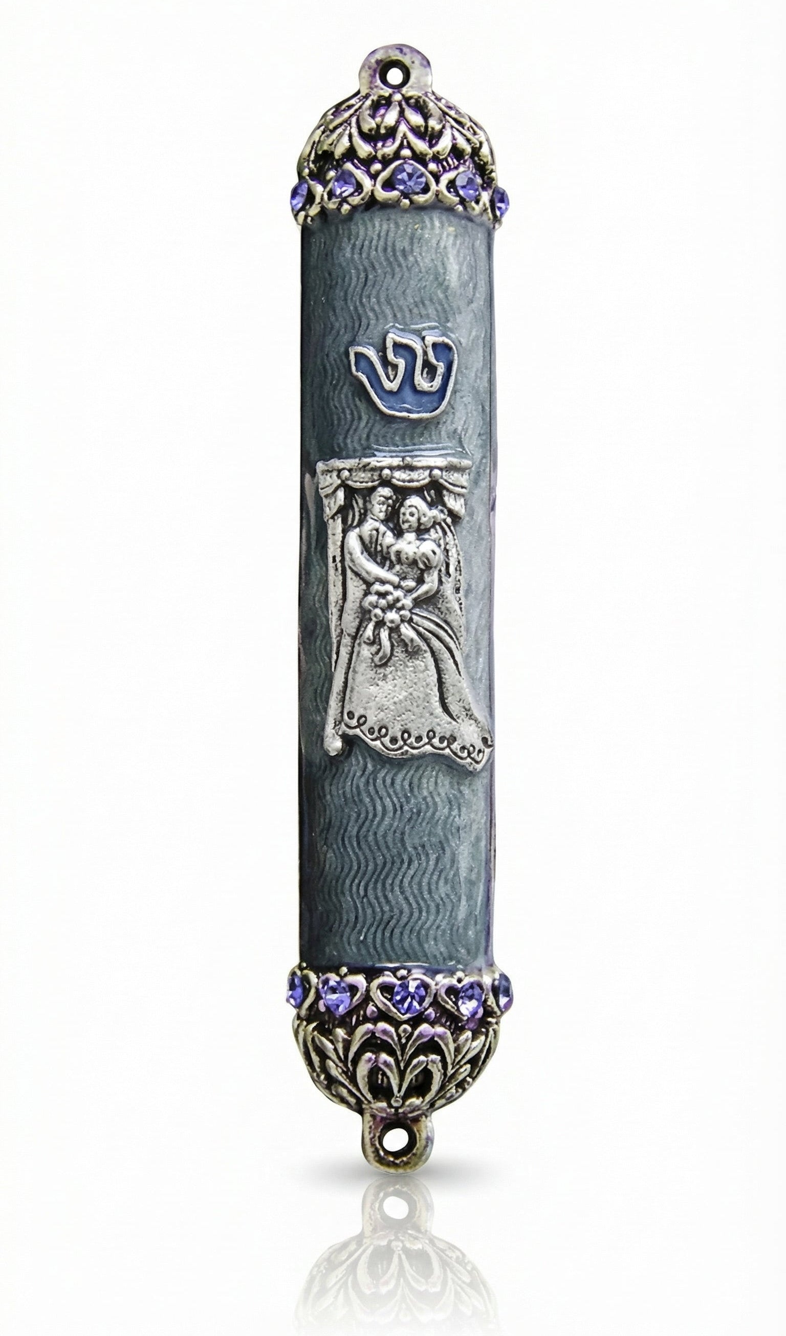 Elegant bride and groom themed Mezuzah with detailed engravings and Hebrew lettering, designed for upscale home decor and blessing.