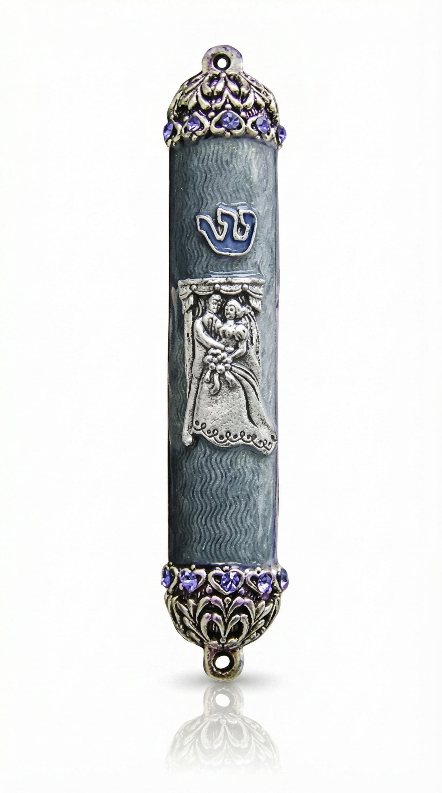 Elegant bride and groom themed Mezuzah with detailed engravings and Hebrew lettering, designed for upscale home decor and blessing.