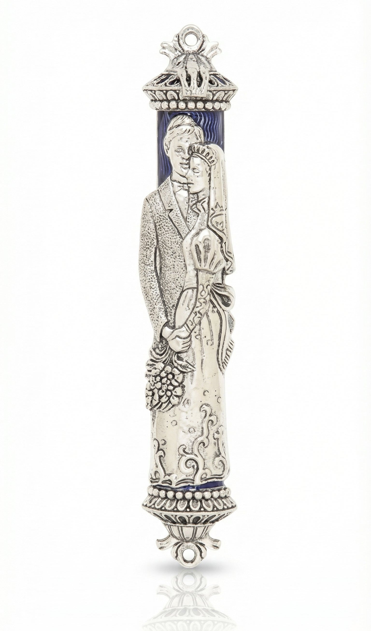 High-quality image of a hand-painted pewter Mezuzah depicting a bride and groom, with detailed craftsmanship and a white studio background.