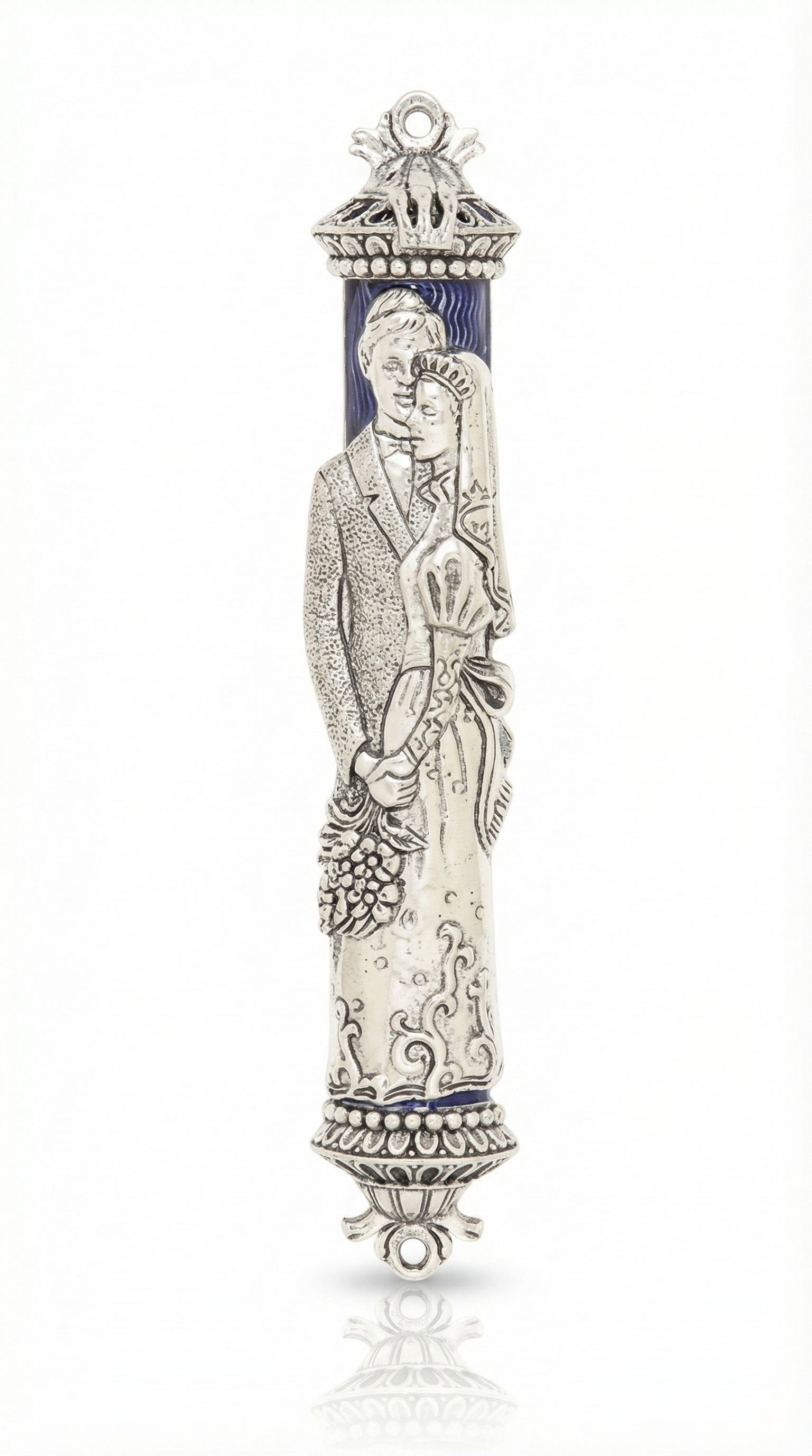 hand-painted pewter Mezuzah depicting a bride and groom, with detailed craftsmanship