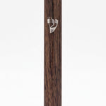 Classic Woodgrain Silver Shin Acrylic Mezuzah standing upright on a white background, a slim waterproof mezuzah case from Israel with a rich brown wood-look grain, silver Shin and mounting holes, sized for a 5-inch kosher scroll