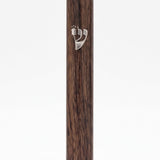 Classic Woodgrain Silver Shin Acrylic Mezuzah standing upright on a white background, a slim waterproof mezuzah case from Israel with a rich brown wood-look grain, silver Shin and mounting holes, sized for a 5-inch kosher scroll