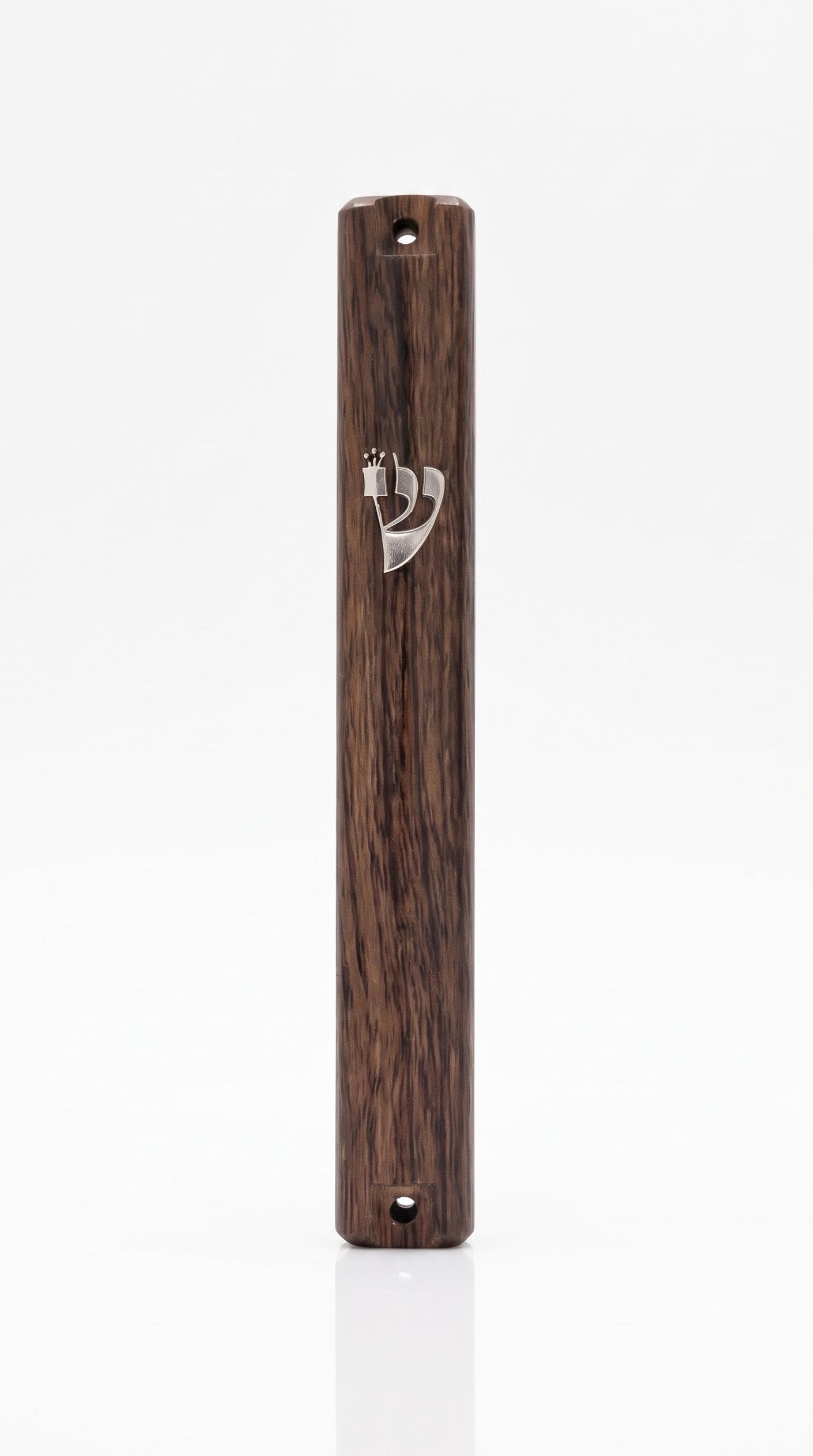 Classic Woodgrain Silver Shin Acrylic Mezuzah standing upright on a white background, a slim waterproof mezuzah case from Israel with a rich brown wood-look grain, silver Shin and mounting holes, sized for a 5-inch kosher scroll
