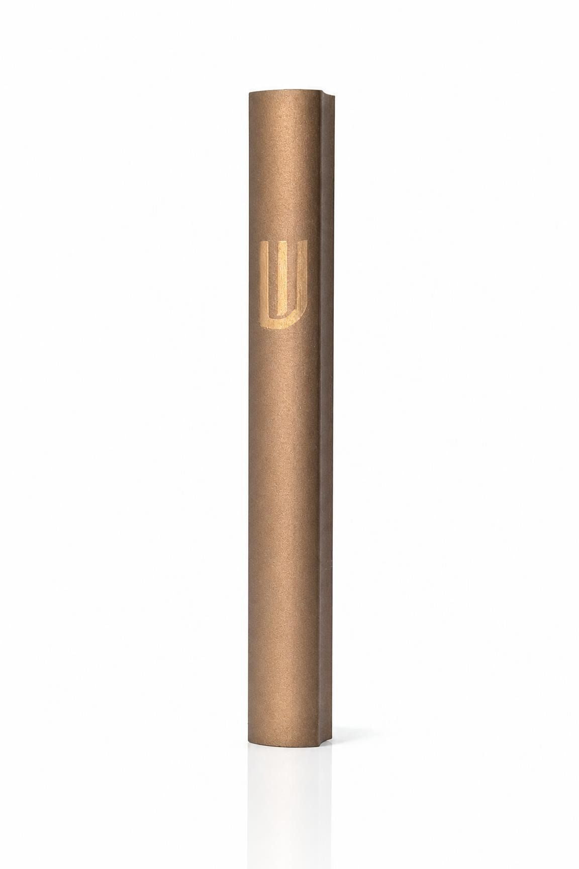 Modern Waterproof Brown Aluminum Outdoor Mezuzah, 5.5 inches tall, warm brown finish with an engraved Shin on a slim rounded face.