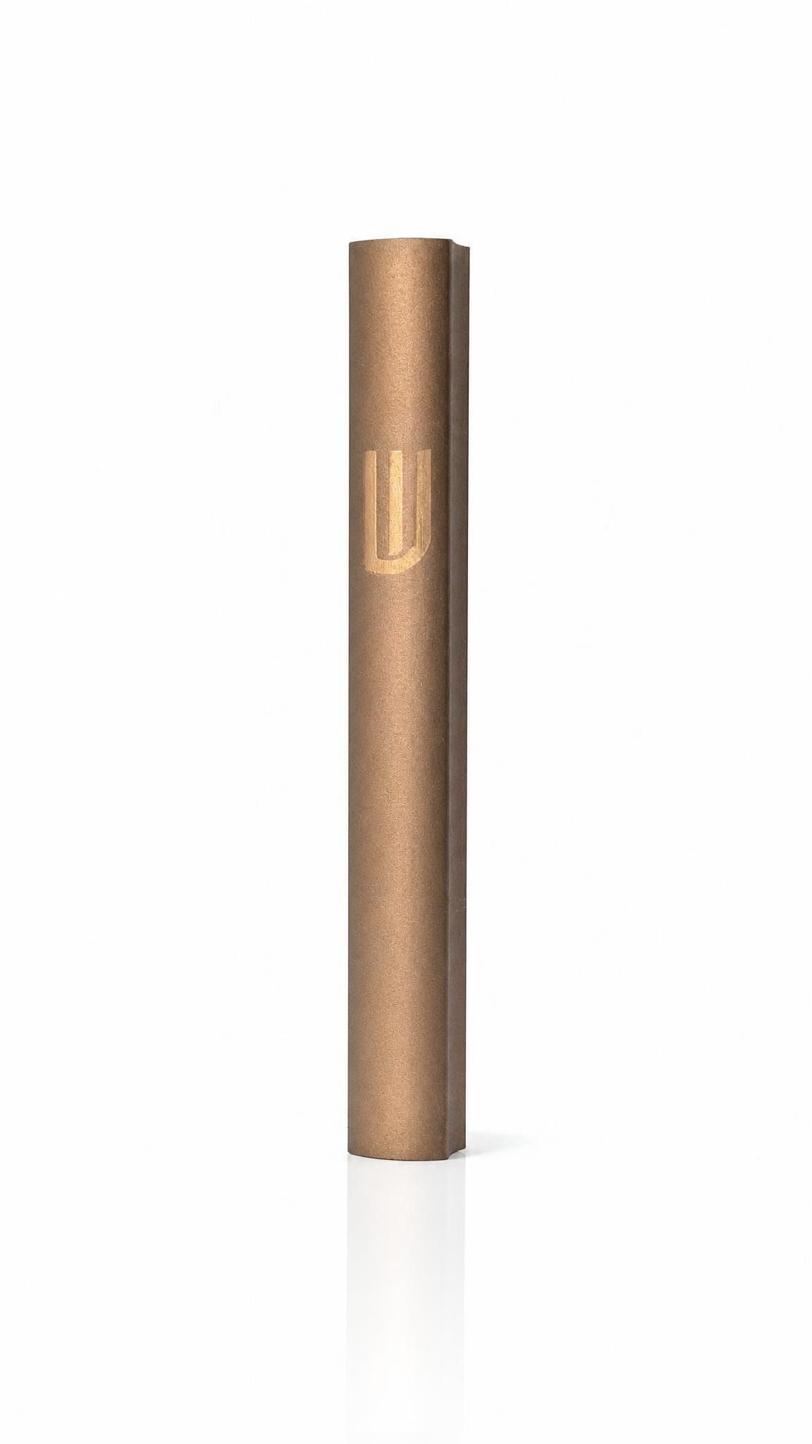 Modern Waterproof Brown Aluminum Outdoor Mezuzah, 5.5 inches tall, warm brown finish with an engraved Shin on a slim rounded face.