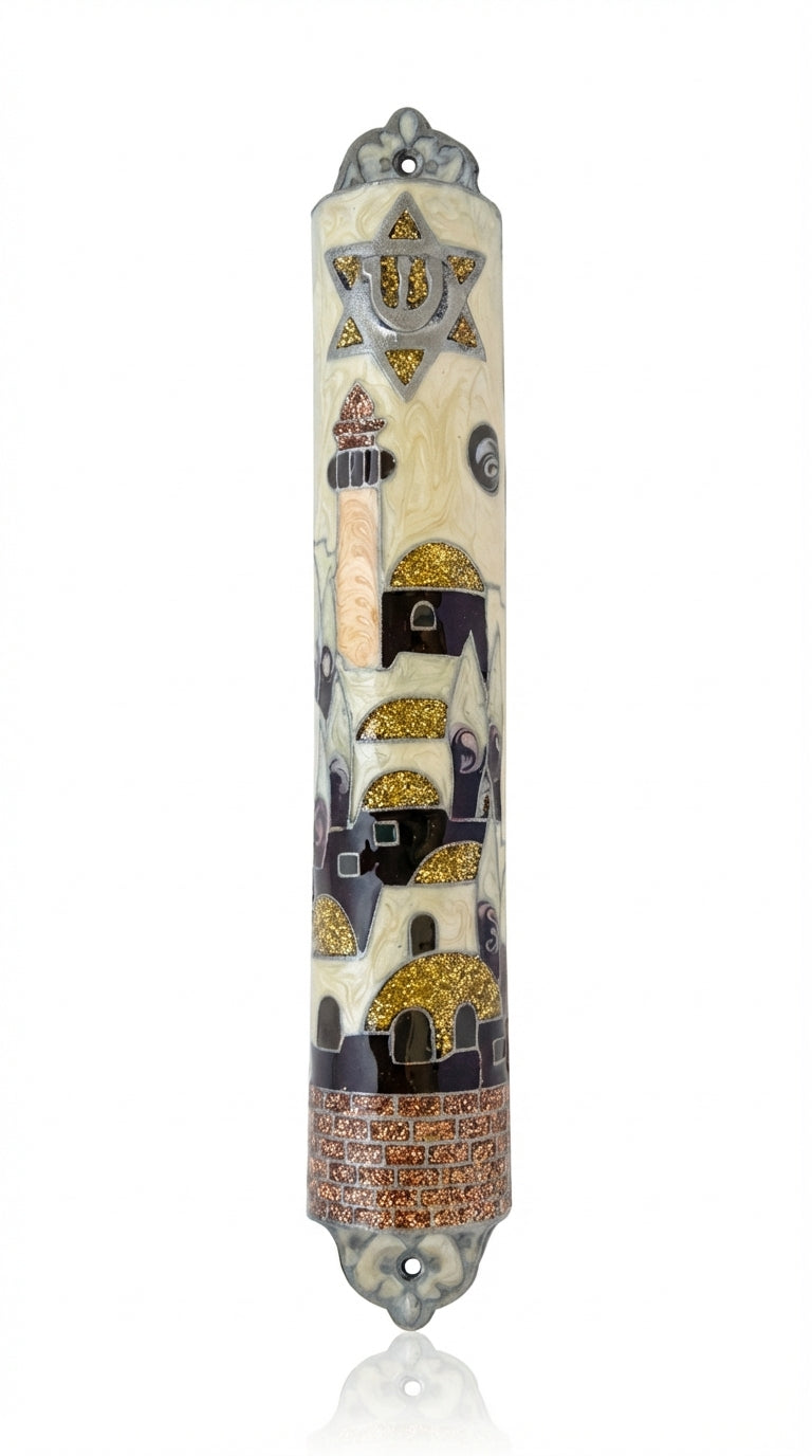 Detailed view of a hand-painted pewter Jerusalem Mezuzah, 6.2 inches tall, with Hebrew inscriptions and decorative motifs, on a white studio background with soft reflection.