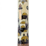 Detailed view of a hand-painted pewter Jerusalem Mezuzah, 6.2 inches tall, with Hebrew inscriptions and decorative motifs, on a white studio background with soft reflection.