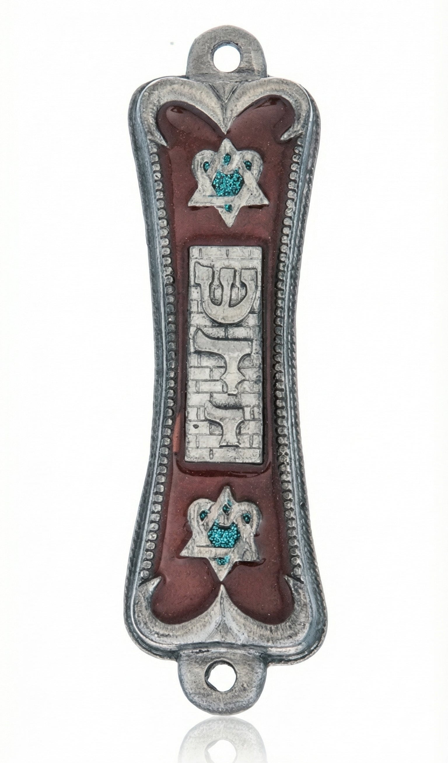 Elegant brown face pewter mezuzah with Shir, Star of David motifs, Kotel backdrop, and detailed engravings on a bright white background with soft reflection.