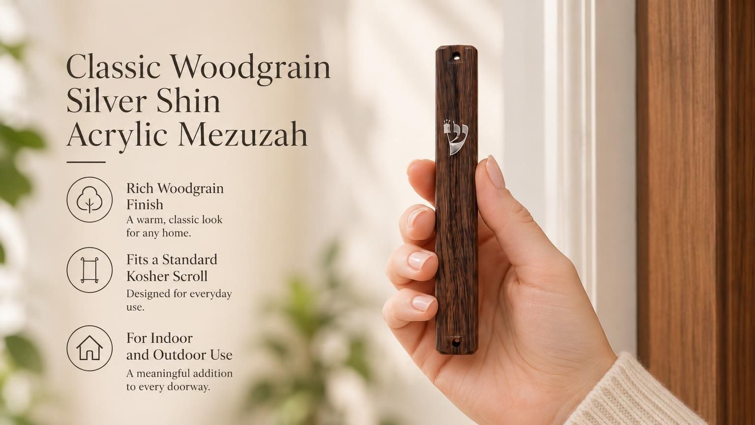 A person holds a brown woodgrain-look acrylic mezuzah with a silver crown and Shin, presented in an editorial lifestyle style.