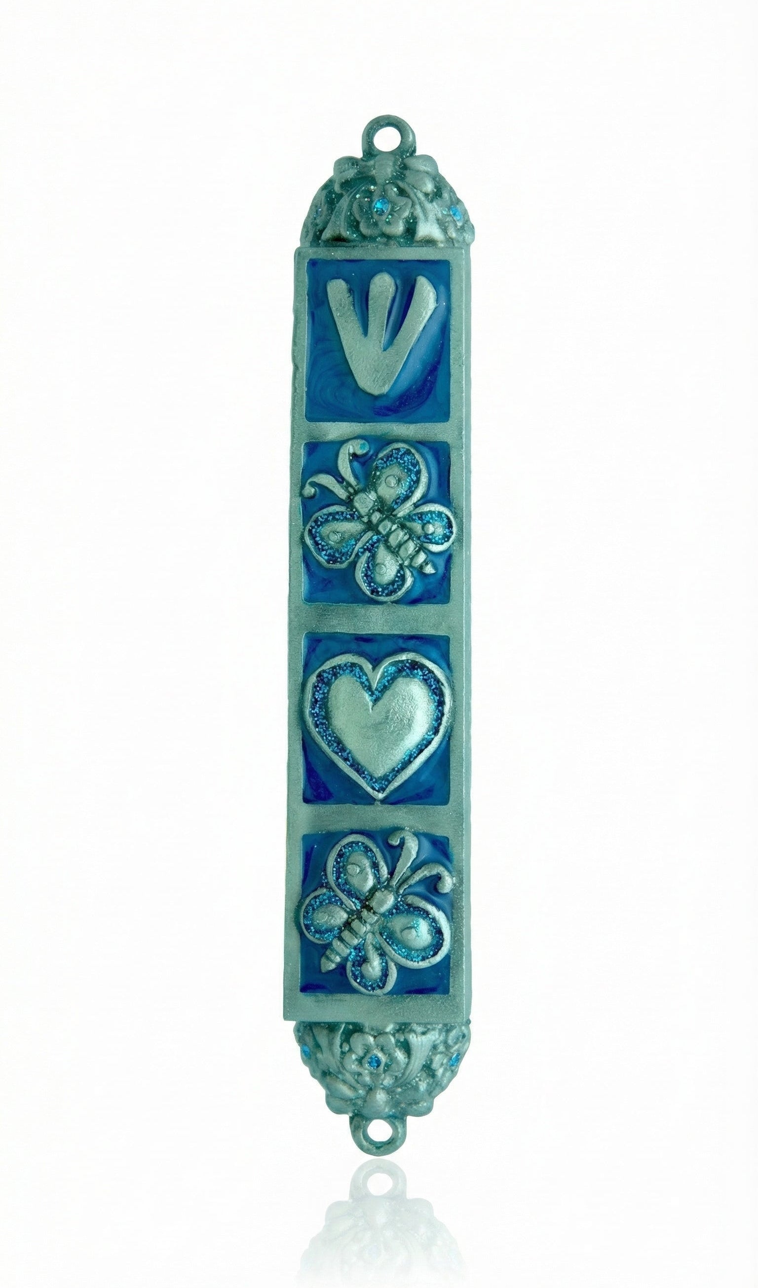 Decorative blue butterfly mezuzah made of pewter with enamel accents, featuring floral and butterfly motifs, ideal for home doorways.