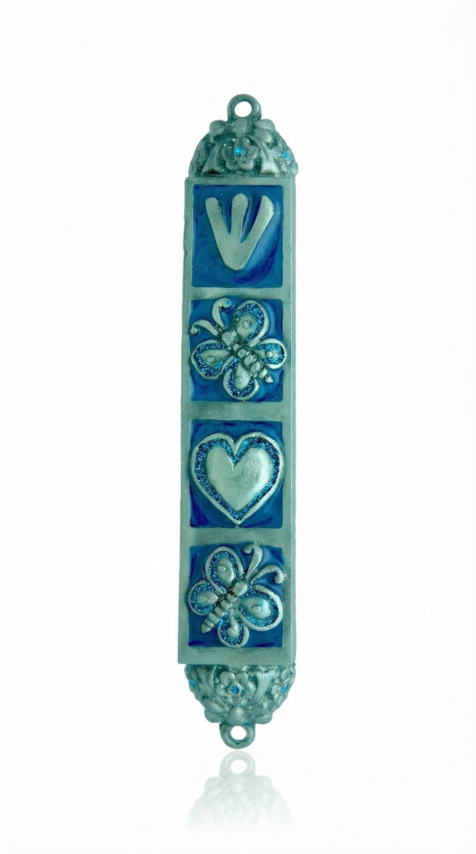 Decorative blue butterfly mezuzah made of pewter with enamel accents, featuring floral and butterfly motifs, ideal for home doorways.