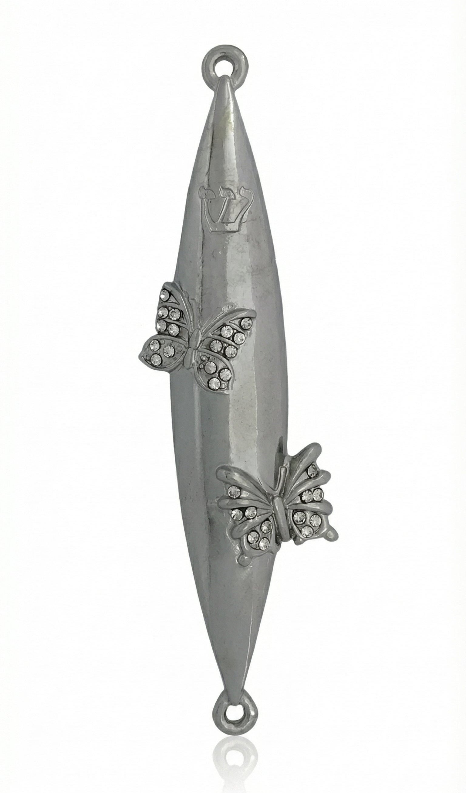 Upscale high-resolution image of a detailed butterfly-themed mezuzah made of pewter, mounted vertically on a white studio background with a soft reflection.