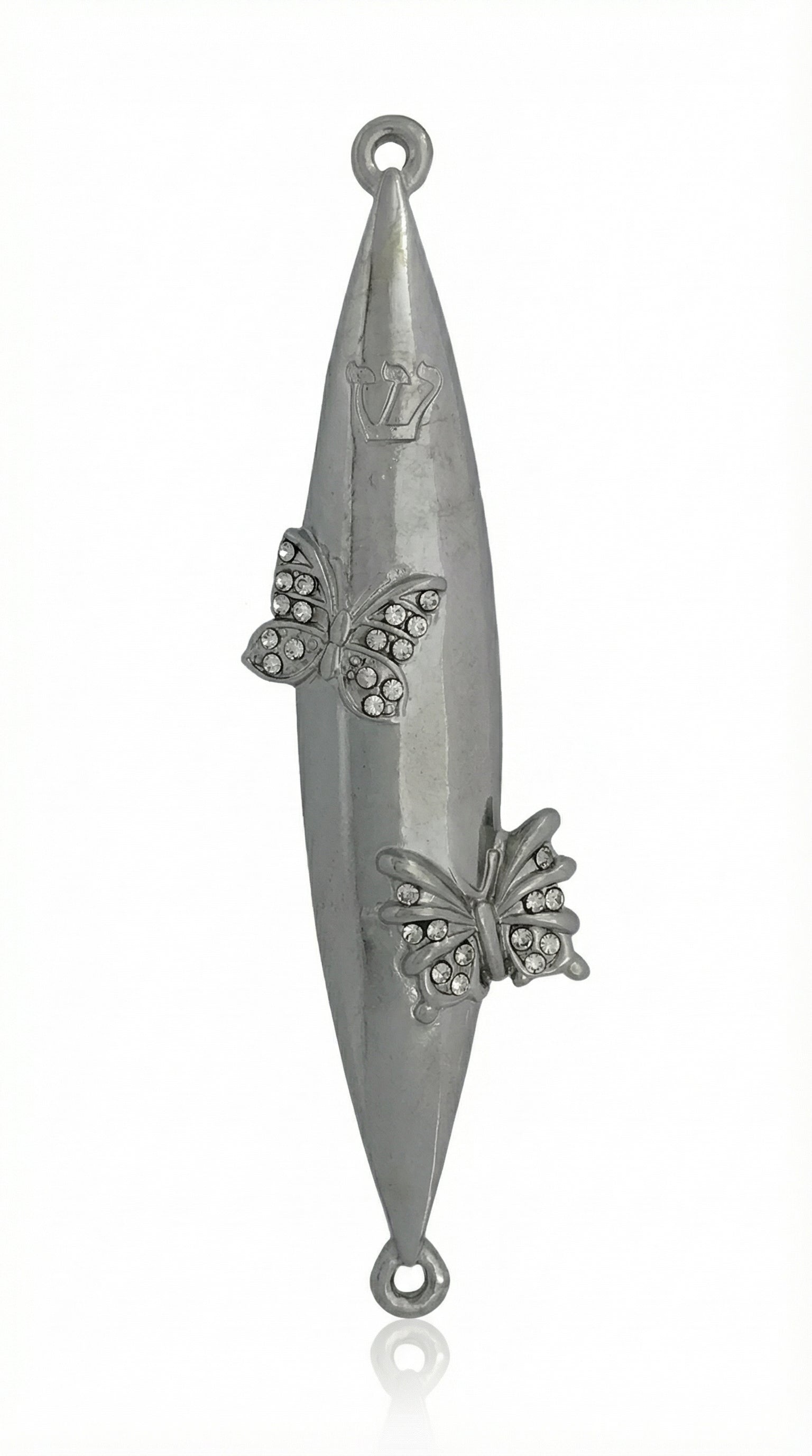 Upscale high-resolution image of a detailed butterfly-themed mezuzah made of pewter, mounted vertically on a white studio background with a soft reflection.