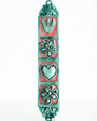 Pink butterfly and floral design mezuzah made of pewter with enamel, measuring 5.5 inches, suited for home doorways, includes scroll option.
