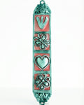Pink butterfly and floral design mezuzah made of pewter with enamel, measuring 5.5 inches, suited for home doorways, includes scroll option.