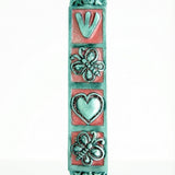 Pink butterfly and floral design mezuzah made of pewter with enamel, measuring 5.5 inches, suited for home doorways, includes scroll option.