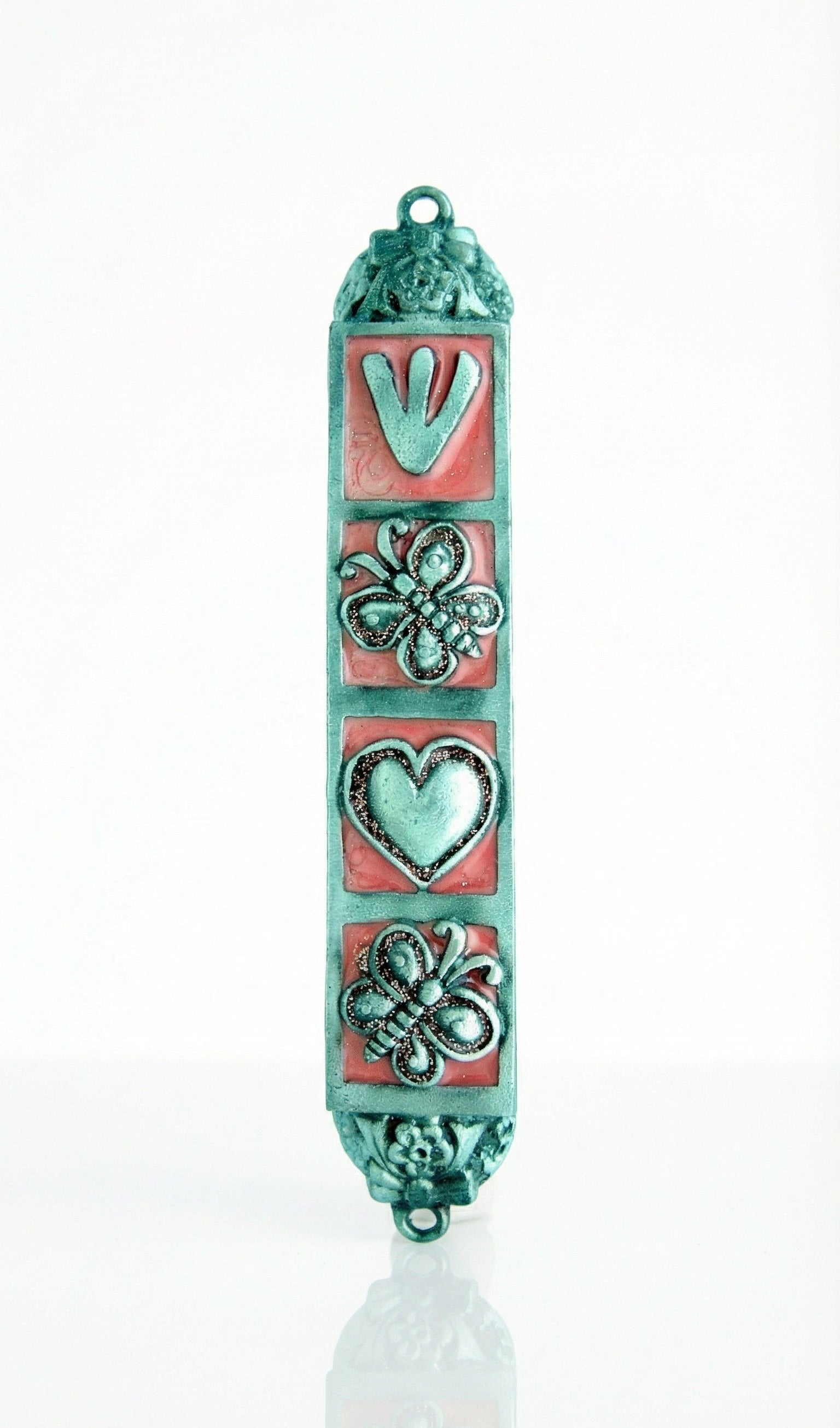 Pink butterfly and floral design mezuzah made of pewter with enamel, measuring 5.5 inches, suited for home doorways, includes scroll option.