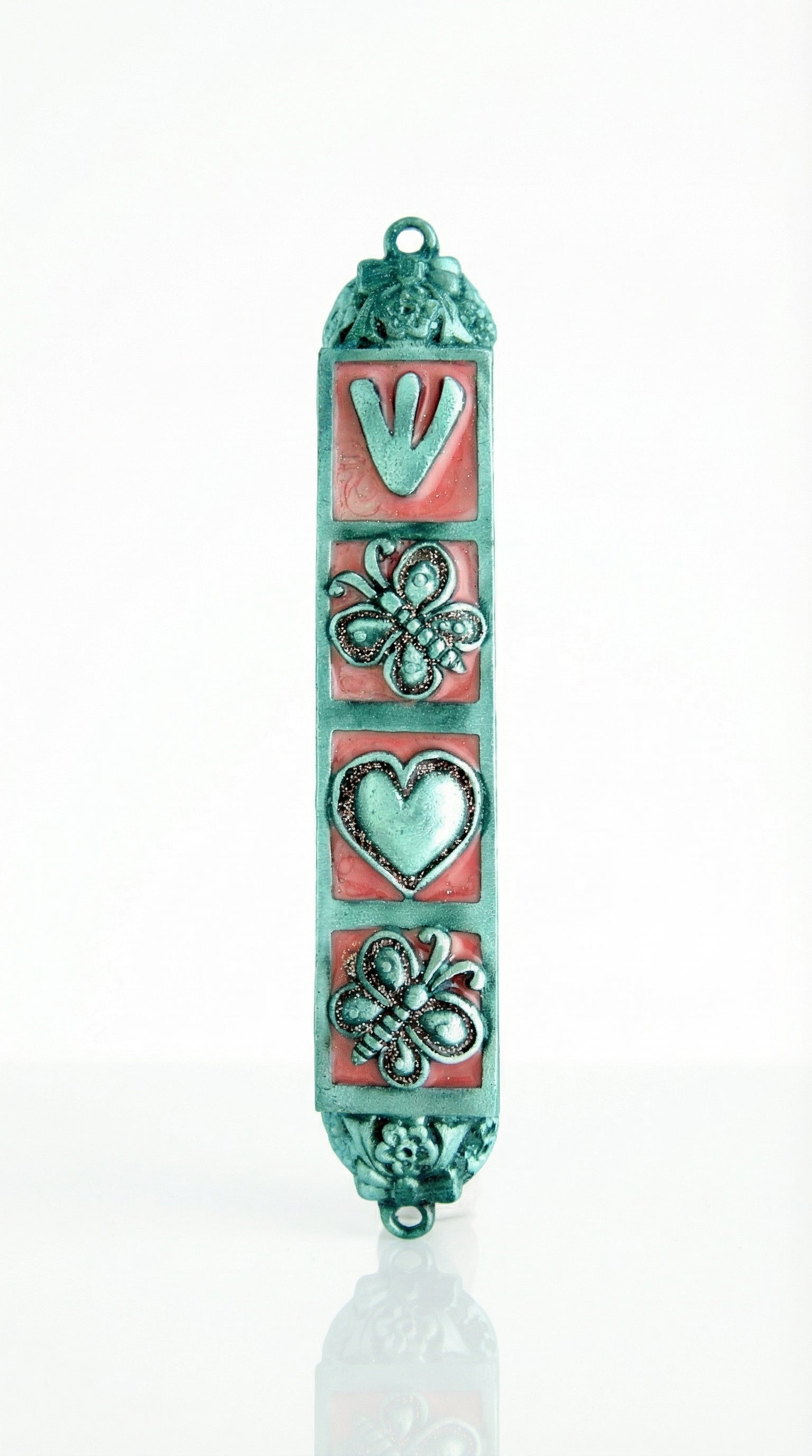 Pink butterfly and floral design mezuzah made of pewter with enamel, measuring 5.5 inches, suited for home doorways, includes scroll option.