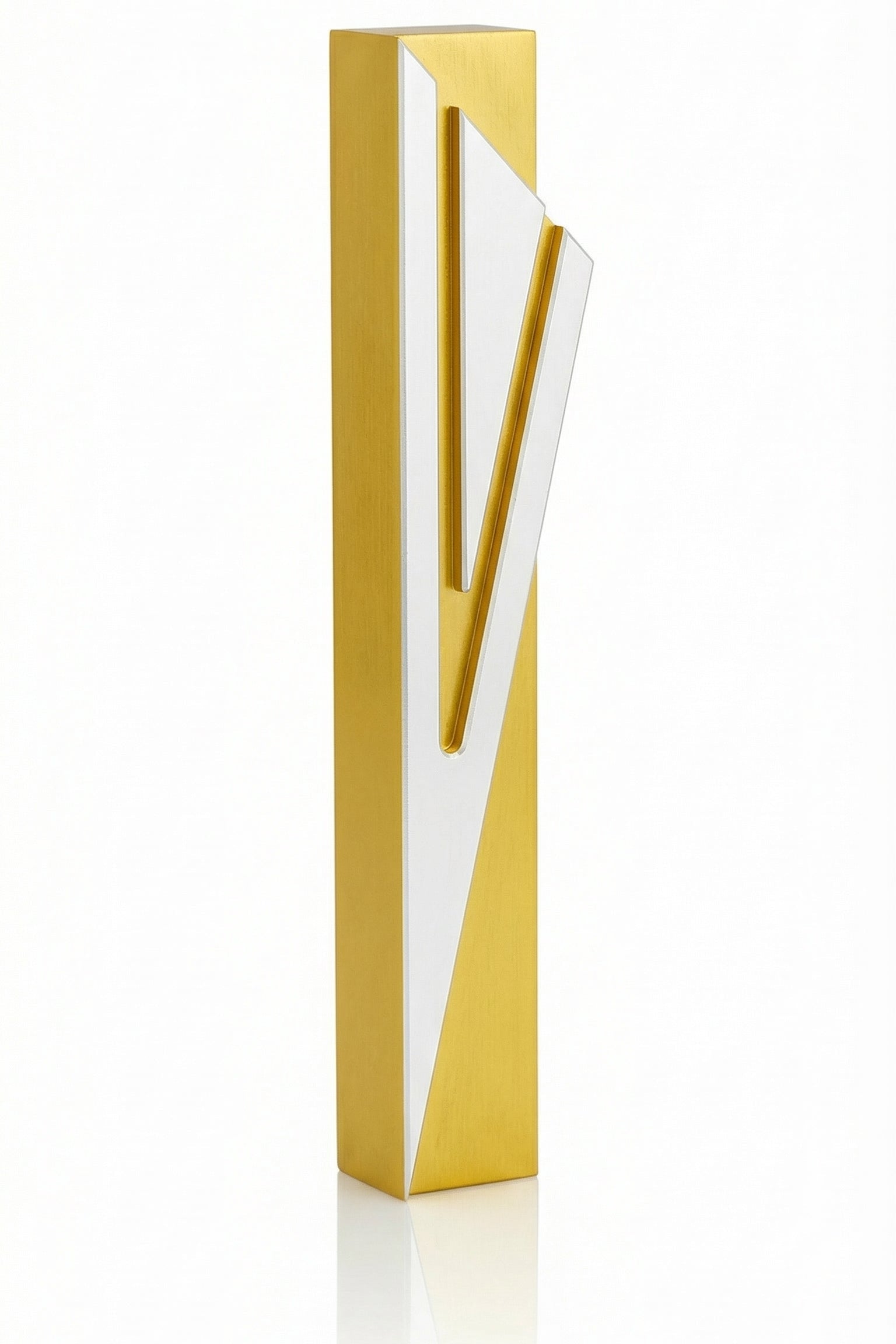 Elegant gold aluminum Mezuzah with Hebrew Shin symbol, detailed craftsmanship and sleek finish, designed for both indoor and outdoor use in home decor.