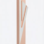 Pink aluminum Mezuzah with Hebrew inscriptions and decorative motifs, designed for outdoor use, mounted on a white background with subtle reflection.