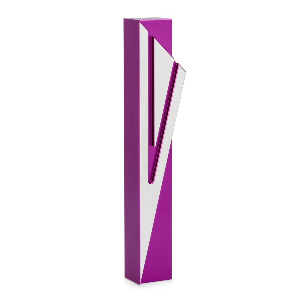 Sleek purple and silver aluminum Capital Shin Mezuzah case with a modern geometric design.