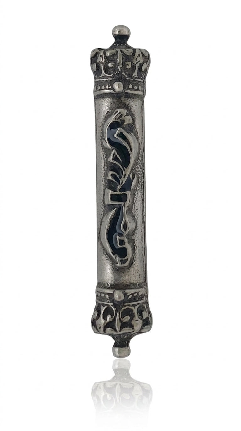 Car mezuzah made of pewter with enamel, designed for vehicle display, includes double-sided tape, with options for scroll insertion.