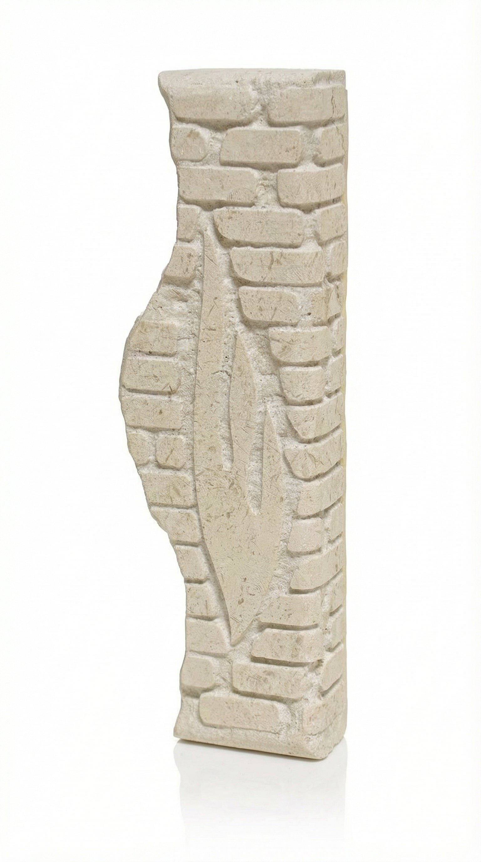 Israel Shoreline Jerusalem stone mezuzah case on a white background, showing a cream sculptural body, irregular Israel-inspired edge, block-wall relief, and carved Shin